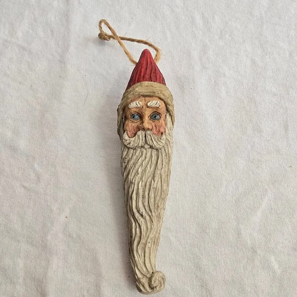 Vintage Wang's 1993 Santa Face Long Beard Ornament Resembles Carved Wood